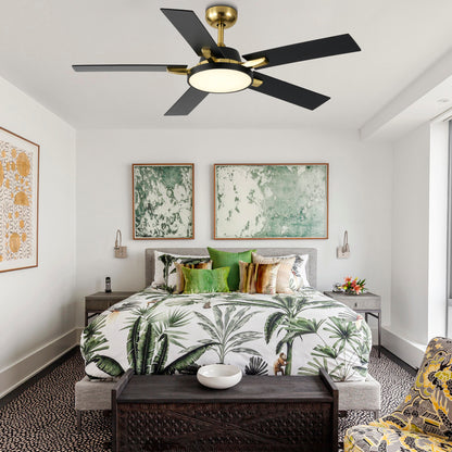 HWJ5220/5221/5222-52" 5 Wooden Blades Industrial Caged Reversible Ceiling Fan with Remote and LED Lights, Large Size 6-speed Ceiling Fan