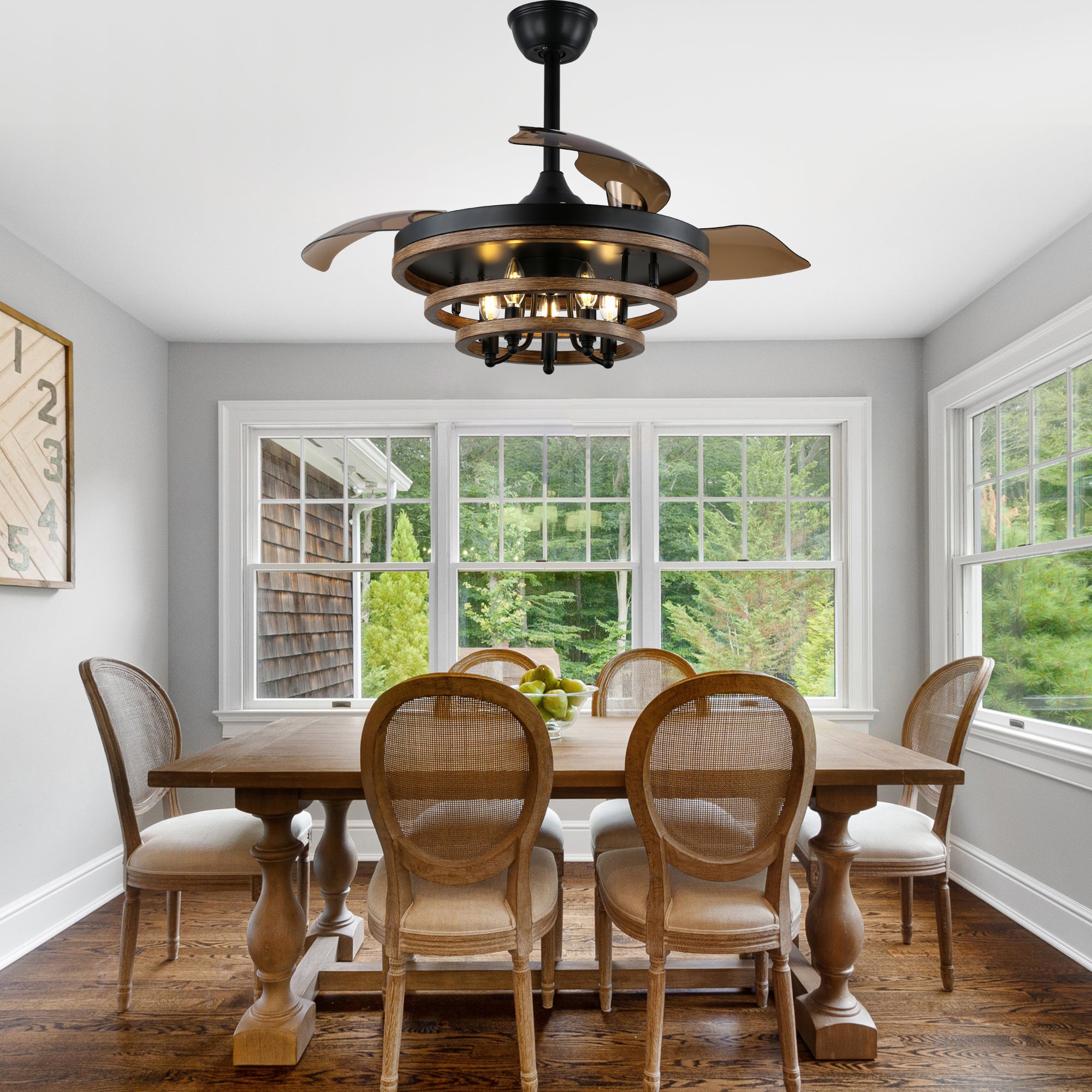 DC4266-BellaDepot 42" Farmhouse Industrial Brown Retractable Ceiling Fan with Remote Control, Invisible Blades Ceiling Fan with Lights