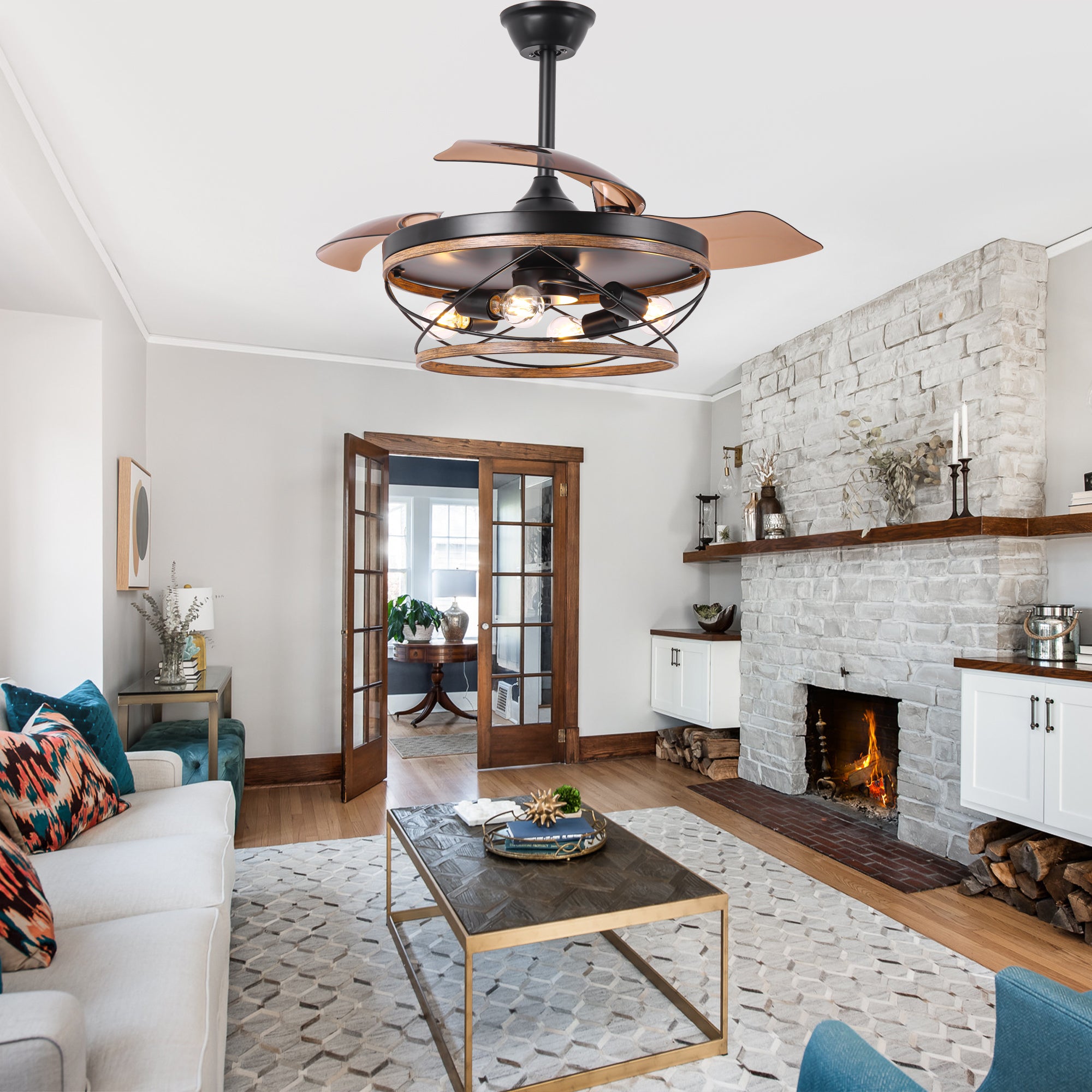 DC4267-BellaDepot 42" Farmhouse Brown Retractable Ceiling Fan with Remote Control, Invisible Blades Ceiling Fan with Lights