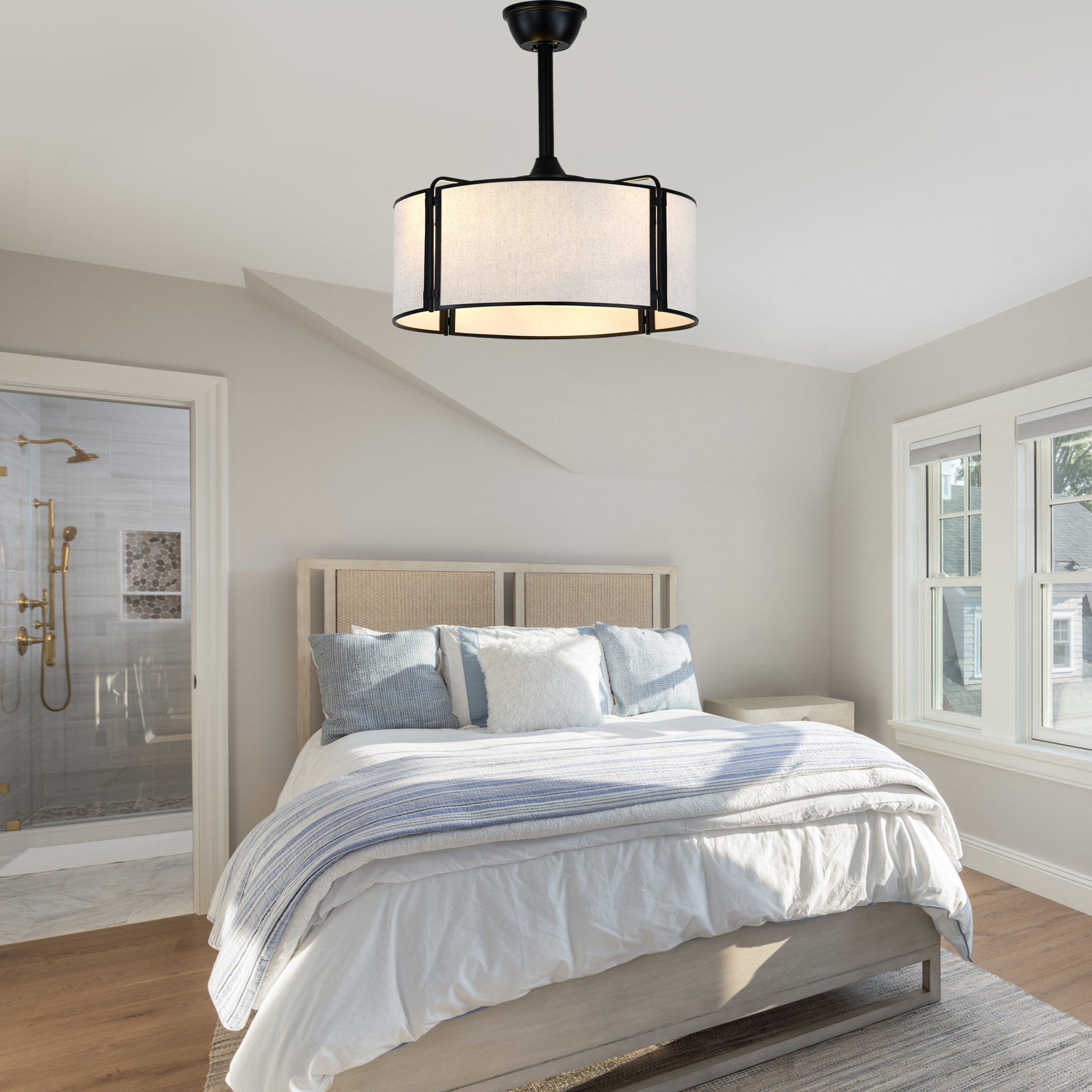 19 Inch Modern Ceiling Fan with Fabric Shade, 6-Speed DC Motor Bladeless Ceiling Fan with Lights and Remote Control for Bedroom