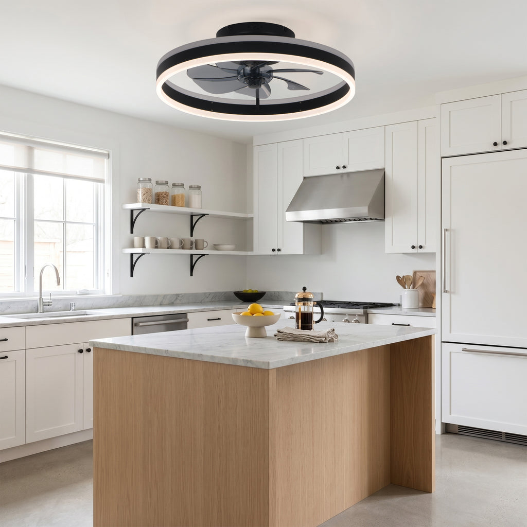 20 Inch Modern Smart Flush Mount Ceiling Fan with Dimmable LED Light and Remote, 6 Speeds DC Motor Reversible Bladeless Celing Fan for Bedroom