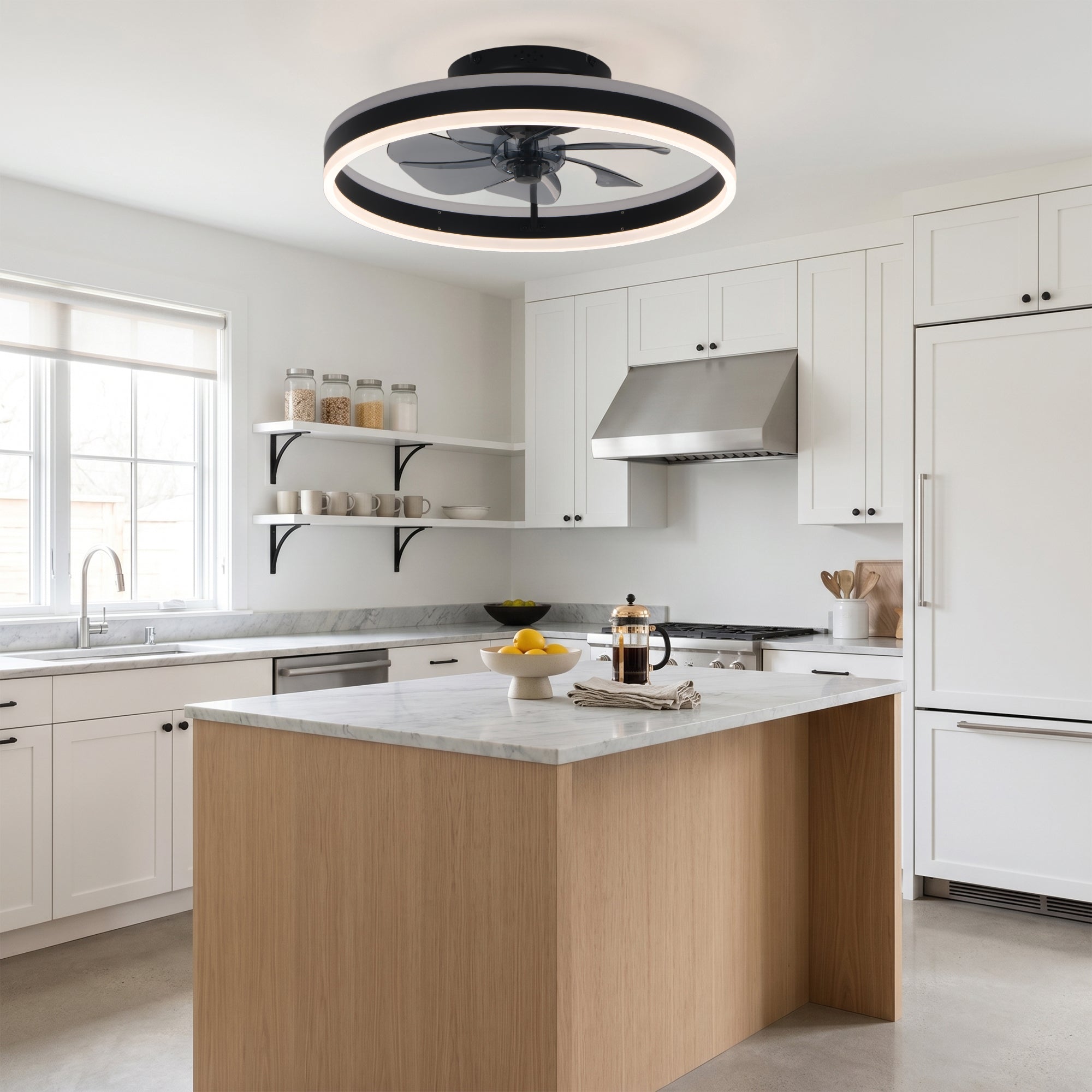 20 Inch Modern Smart Flush Mount Ceiling Fan with Dimmable LED Light and Remote, 6 Speeds DC Motor Reversible Bladeless Celing Fan for Bedroom