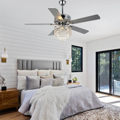 DC2017-52" 5 Wooden Blades Luxury Crystal Reversible Ceiling Fan with Remote and 3 Lights, Large Size Ceiling Fan