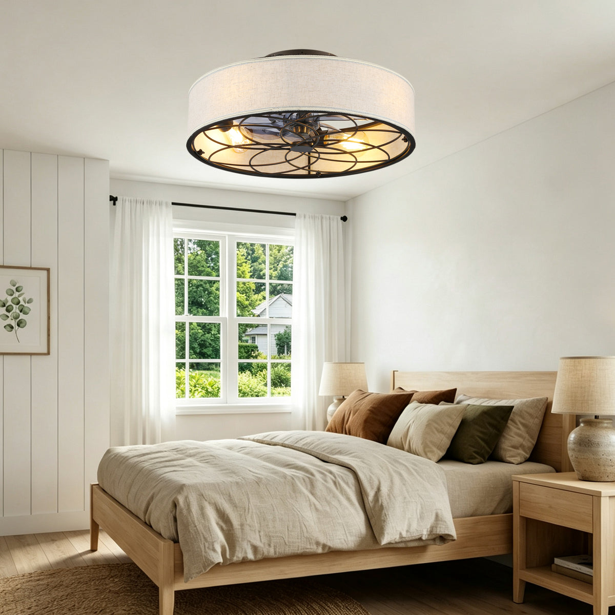 20 Inch Farmhouse Enclosed Fabric Shade Low Profile Bladeless Ceiling Fan with Remote Control, 6 Speed DC Motor Reversible Ceiling Fan