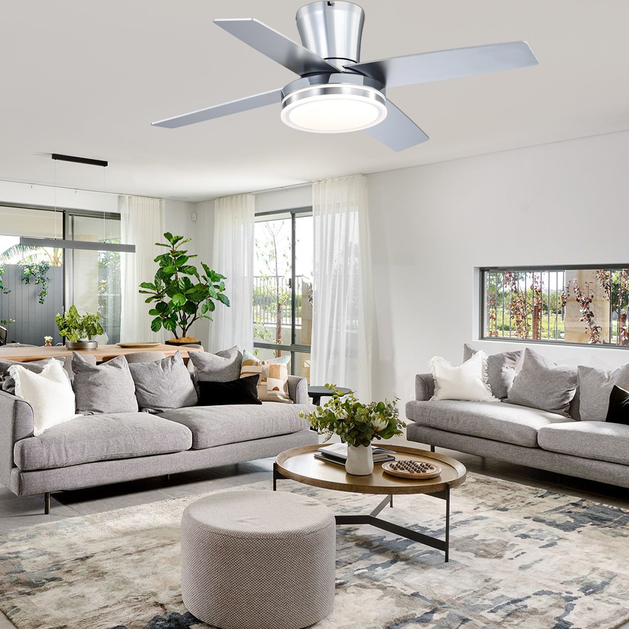 44 Inch Black/Chrome Modern Flush Mount Ceiling Fan with Dimmable LED Lights and Remote, 6 Speeds DC Motor Low Profile Ceiling Fan