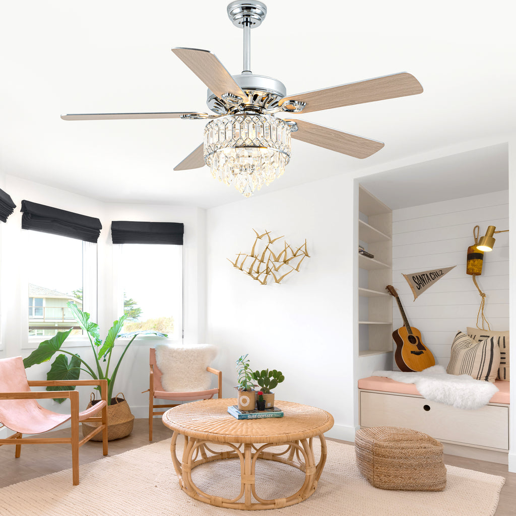 52 Inch Modern Luxury Crystal Ceiling Fan with Light and Remote Control, 6 Speeds DC Motor Chandelier Ceiling Fan for Living Room