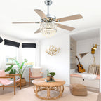 52 Inch Modern Luxury Crystal Ceiling Fan with Light and Remote Control, 6 Speeds DC Motor Chandelier Ceiling Fan for Living Room