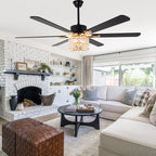 65 Inch Modern Glam Crystal Ceiling Fan with Lights and Remote Control,6 Speeds DC Motor  Black/Chrome Large Ceiling Fan with Crystals