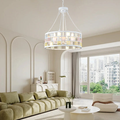 BD4084-W-18" Modern Colorful Accents White Metal Caged Chandelier, Pendant Light, with Adjustable Chain and 6 Lights