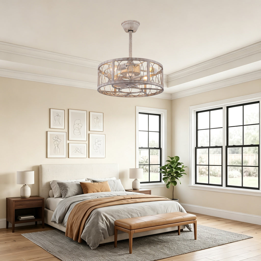 Industrial 20 Inch Distressed White Caged Ceiling Fan with Light Quiet DC Motor with Remote Control Ceiling Fan Small Farmhouse Ceiling Fan with Light Suit for Bedroom, Kitchen,Living Room