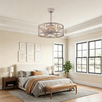 Industrial 20 Inch Distressed White Caged Ceiling Fan with Light Quiet DC Motor with Remote Control Ceiling Fan Small Farmhouse Ceiling Fan with Light Suit for Bedroom, Kitchen,Living Room
