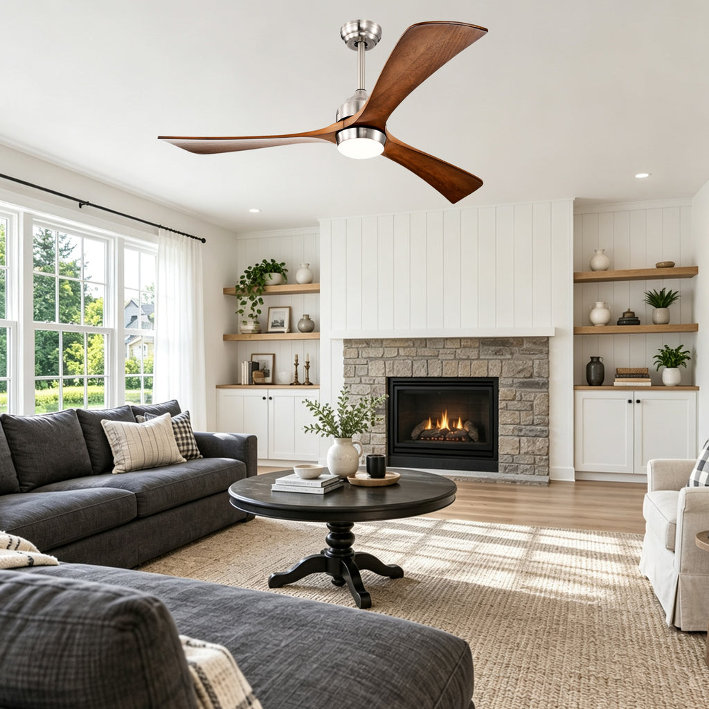 52 Inch Modern Farmhouse Stain Nickel Solid Wood Blade Ceiling Fan with Lights & Remote Control, 6 Speed DC Motor Reversible Ceiling Fan