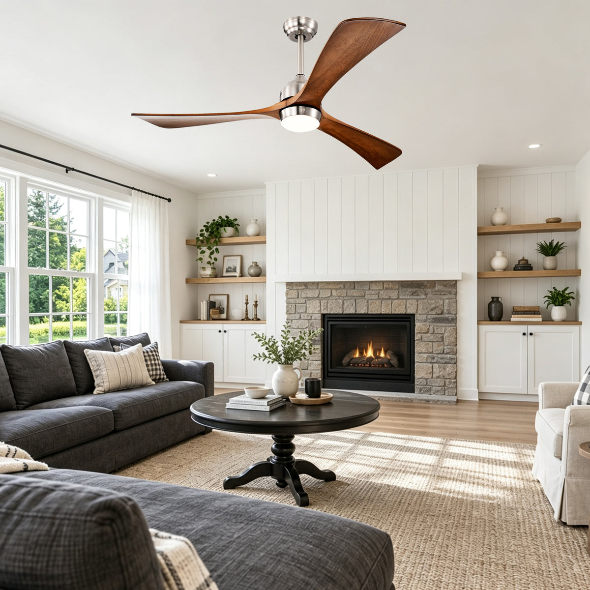 52 Inch Modern Farmhouse Stain Nickel Solid Wood Blade Ceiling Fan with Lights & Remote Control, 6 Speed DC Motor Reversible Ceiling Fan