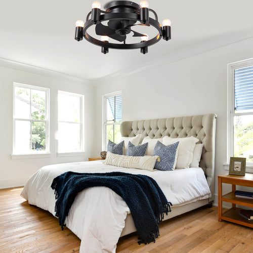 20 Inch Black Modern Flush Mount Ceiling Fan with Lights and Remote Control, 6 Speeds DC Motor Low Profile Bladeless Ceiling Fan