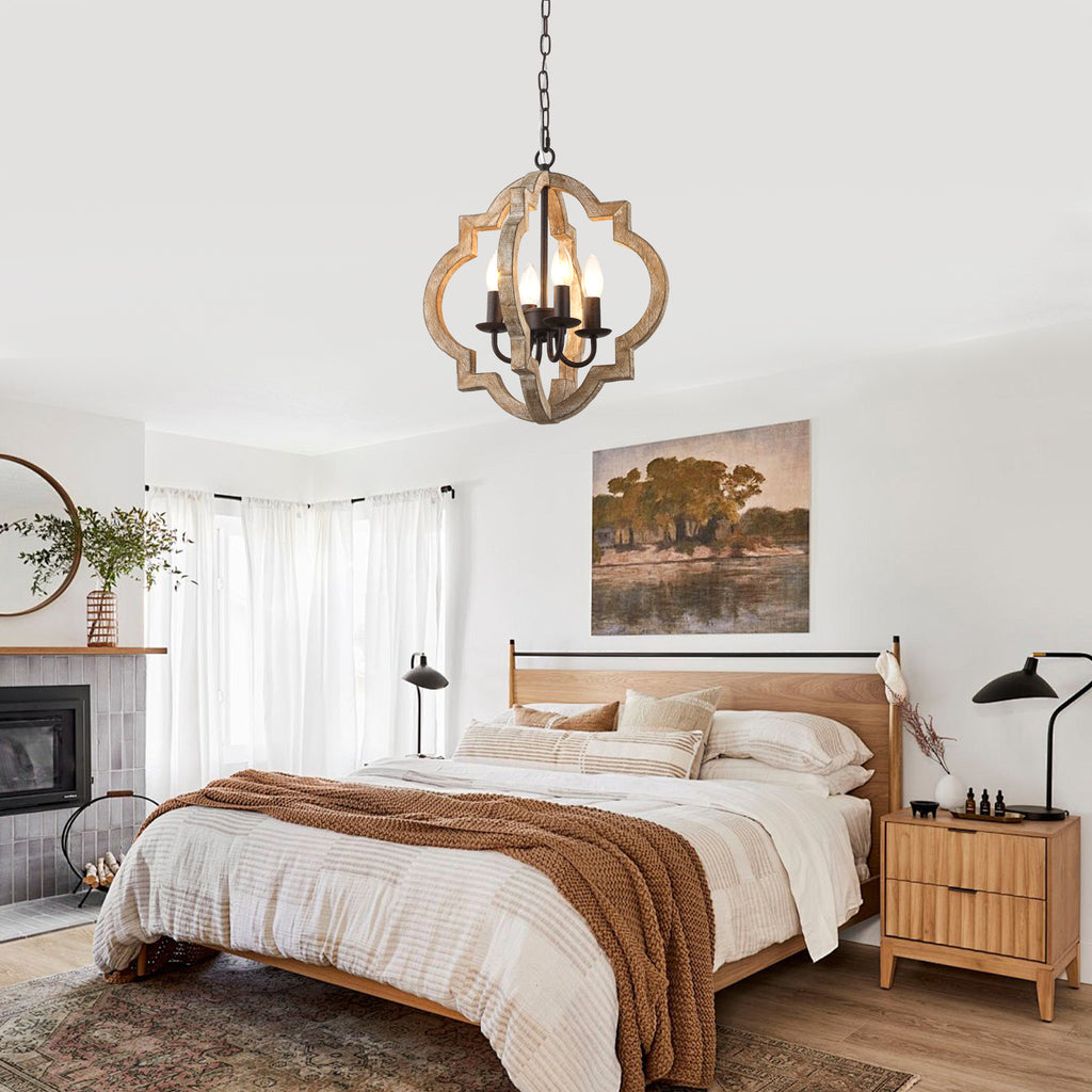 4 - Light Farmhouse Solid Wood Chandelier, Orb Geometric Chandelier Hanging Chandelier Wood Light Fixture Rustic Wooden Chandelier