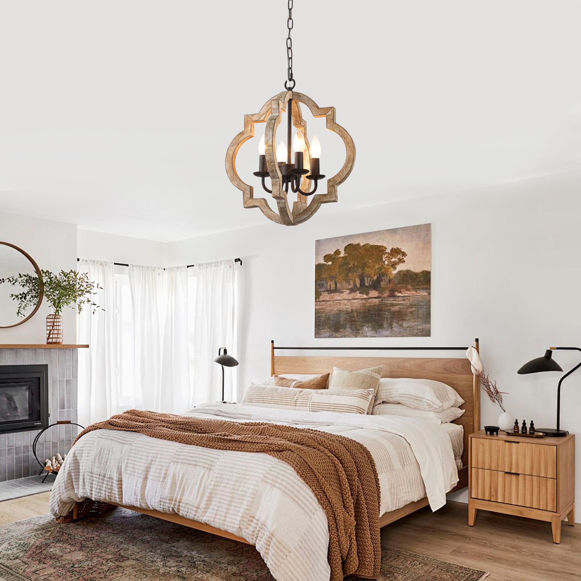 4 - Light Farmhouse Solid Wood Chandelier, Orb Geometric Chandelier Hanging Chandelier Wood Light Fixture Rustic Wooden Chandelier