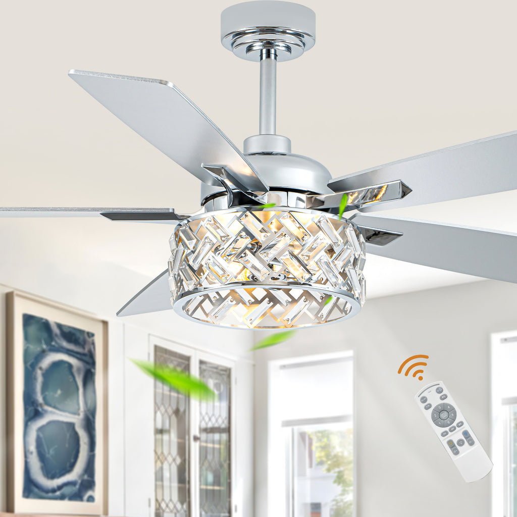 52 Inch Chrome Modern Luxury Crystal Ceiling Fan with Lights and Remote Control, 6 Speeds DC Motor Ceiling Fan
