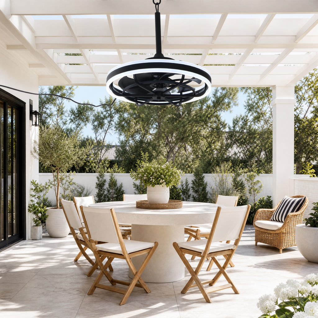 20 Inch Modern Smart Outdoor Caged Ceiling Fan with Dimmable LED Light, DC Motor 6 Speeds Waterproof Plug In Ceiling Fan