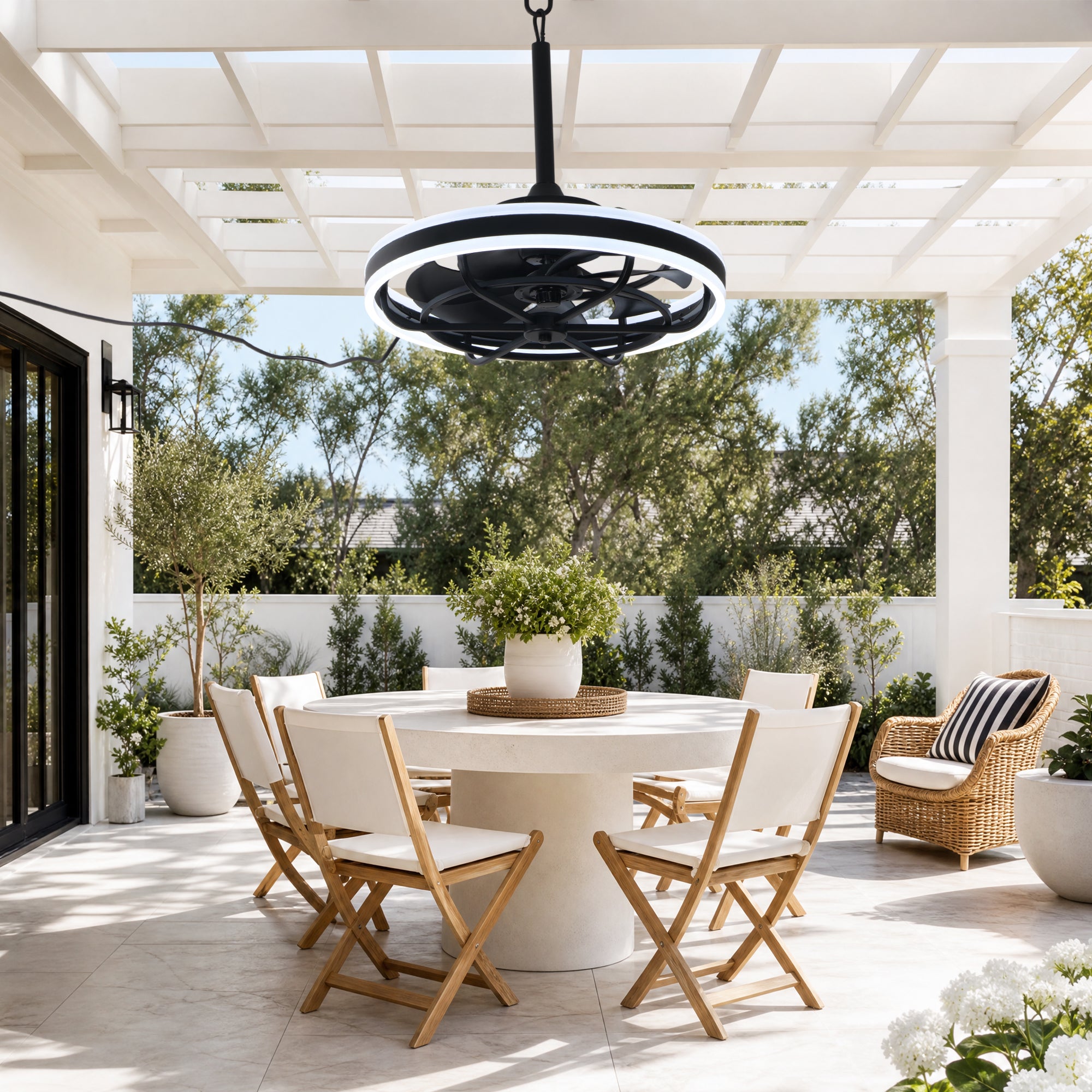 20 Inch Modern Smart Outdoor Caged Ceiling Fan with Dimmable LED Light, DC Motor 6 Speeds Waterproof Plug In Ceiling Fan