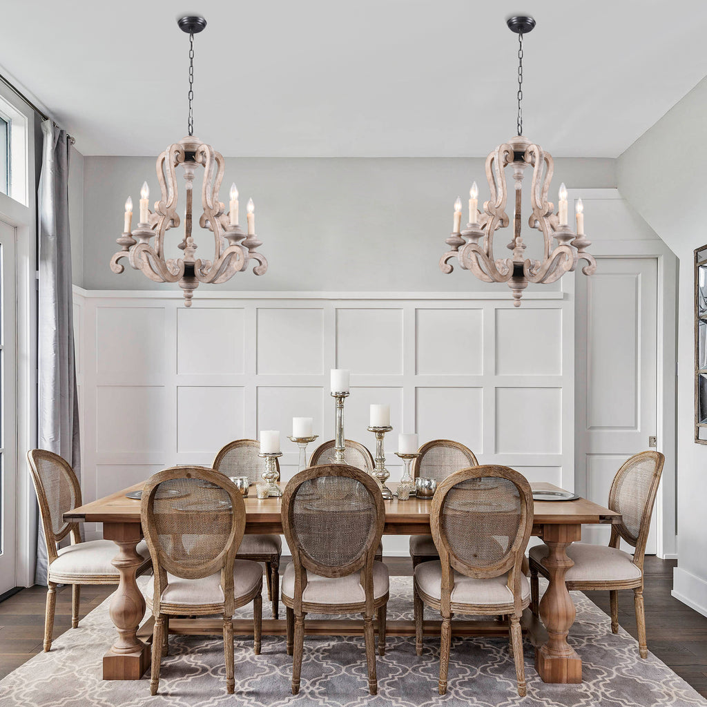 5 - Light Distressed Wood French Country Vintage Chandelier with Adjustable Height,  25" Farmhouse Chandelier for Dining Room