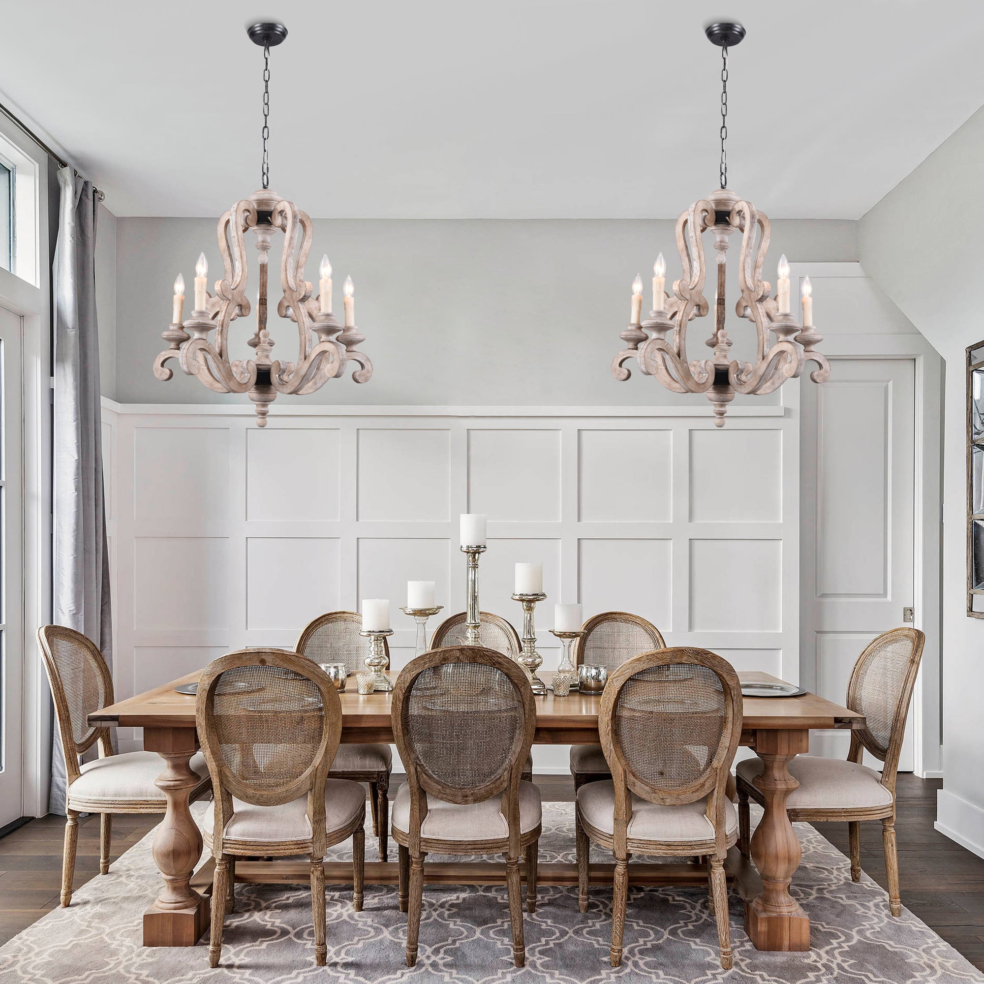 5 - Light Distressed Wood French Country Vintage Chandelier with Adjustable Height,  25" Farmhouse Chandelier for Dining Room