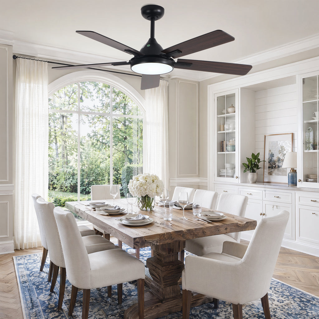 52 Inch Black Modern Ceiling Fan with LED Light, 6-Speed Reversible DC Motor, 5 Dual-Finish Wood Blades, Remote Control, Adjustable Height