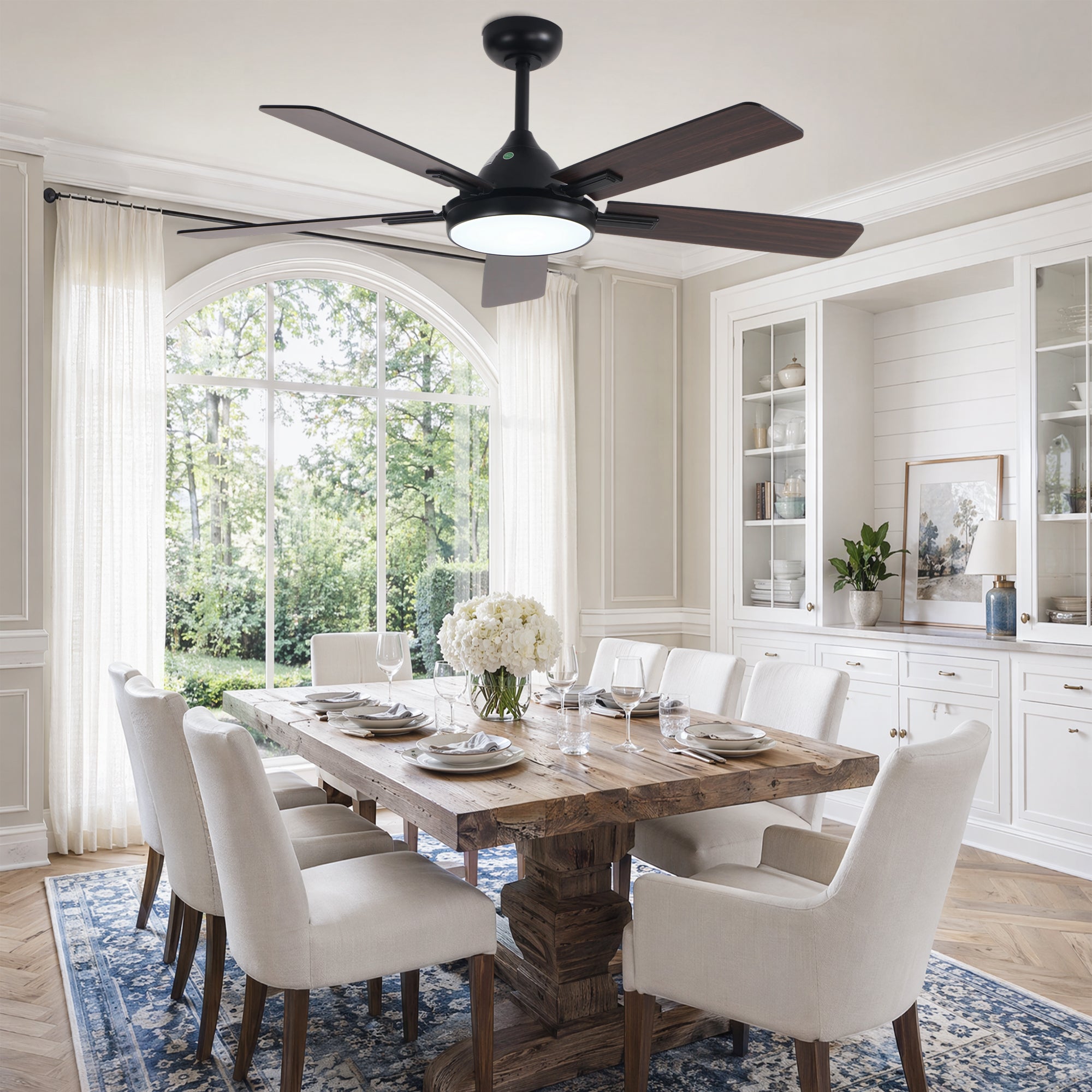 52 Inch Black Modern Ceiling Fan with LED Light, 6-Speed Reversible DC Motor, 5 Dual-Finish Wood Blades, Remote Control, Adjustable Height