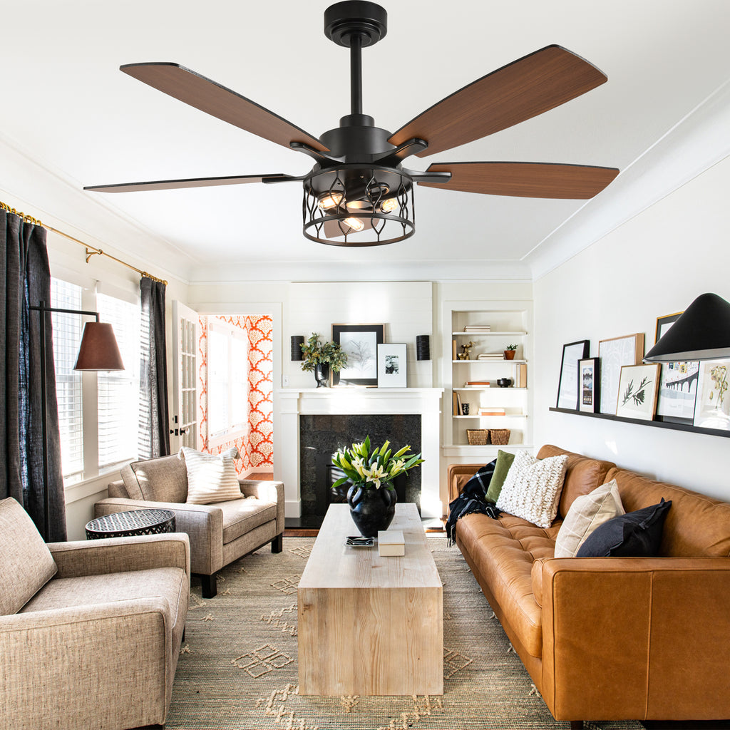 52 Inch Black Modern Ceiling Fan with Lights and Remote Control, 6 Speeds DC Motor Reversible Ceiling Fan for Living Room