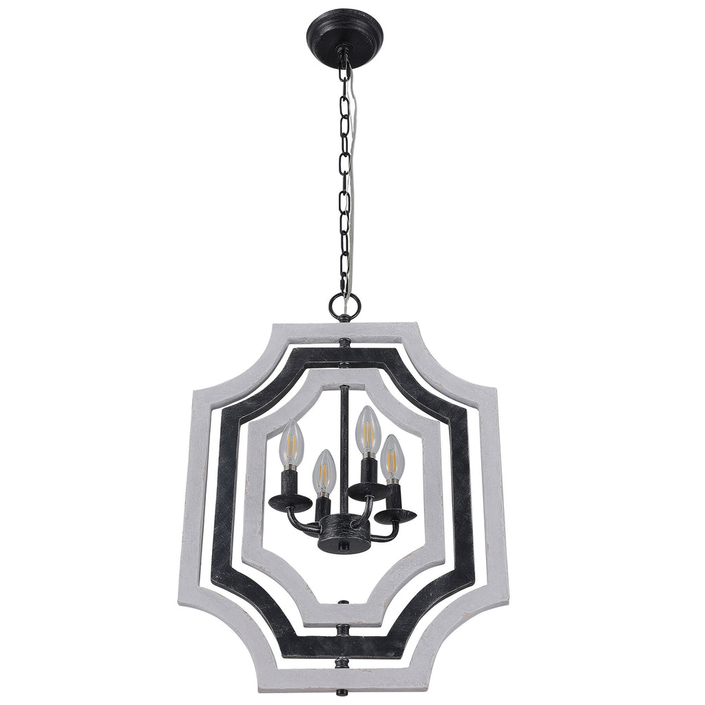 4 - Lights Distressed Wood Chandelier with Adjustable Chain, 16.9" Geometric Chandelier for Entryway with DIY Shade
