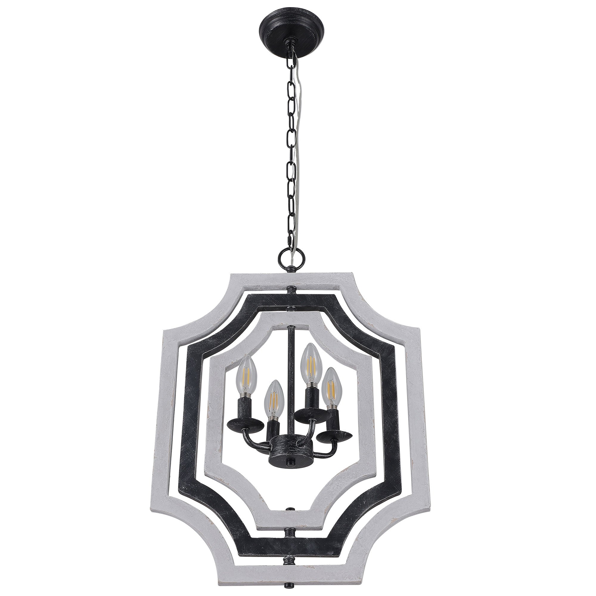 4 - Lights Distressed Wood Chandelier with Adjustable Chain, 16.9" Geometric Chandelier for Entryway with DIY Shade