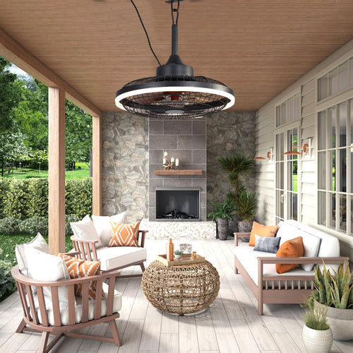 20 Inch Black Outdoor Caged Ceiling Fan with Dimmable LED Lights and Remote, 6 Speeds DC Motor Waterproof Plug In Ceiling Fan for Patios