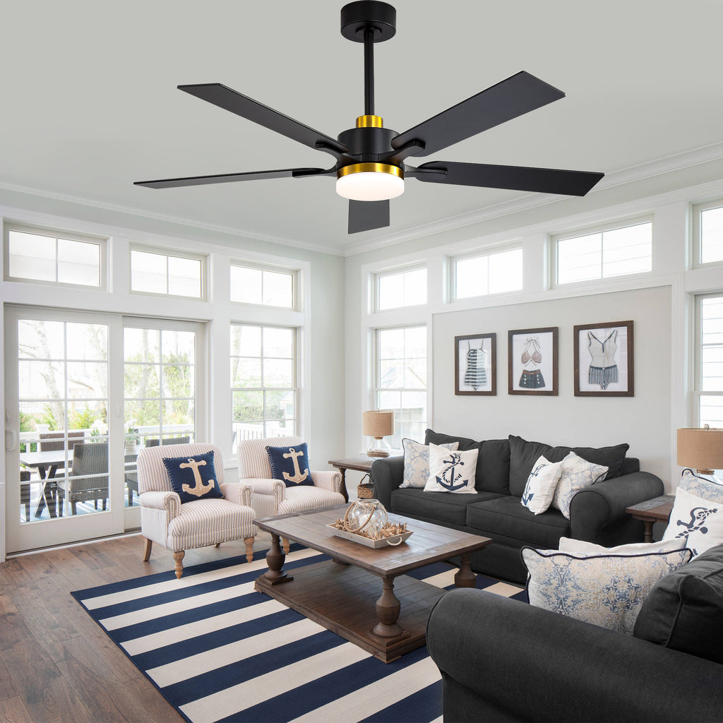 52 Inch Modern Ceiling Fan with LED Light and Remote Control, 6 Speeds Quiet DC Motor Black and Gold Ceiling Fan for Living Room