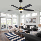 52 Inch Modern Ceiling Fan with LED Light and Remote Control, 6 Speeds Quiet DC Motor Black and Gold Ceiling Fan for Living Room