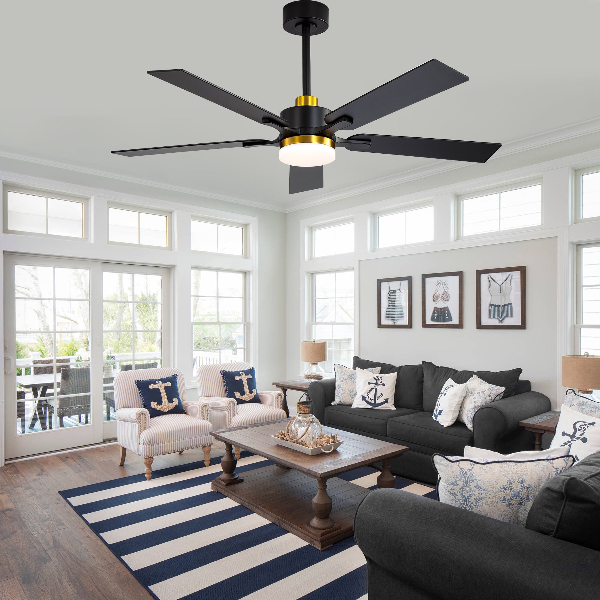 52 Inch Modern Ceiling Fan with LED Light and Remote Control, 6 Speeds Quiet DC Motor Black and Gold Ceiling Fan for Living Room