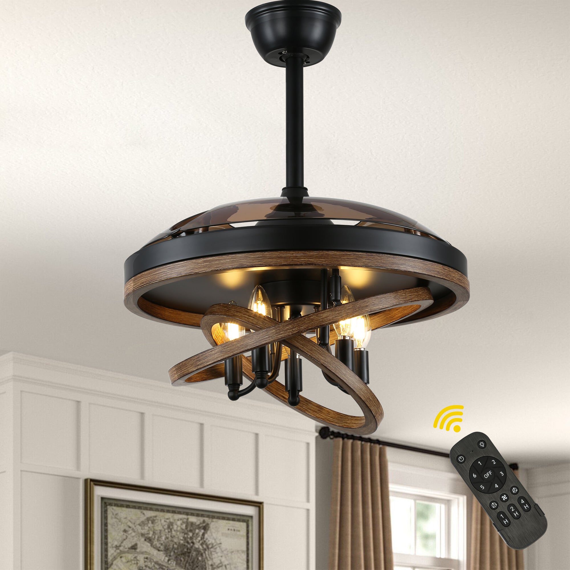 DC4266-BellaDepot 42" Farmhouse Industrial Brown Retractable Ceiling Fan with Remote Control, Invisible Blades Ceiling Fan with Lights