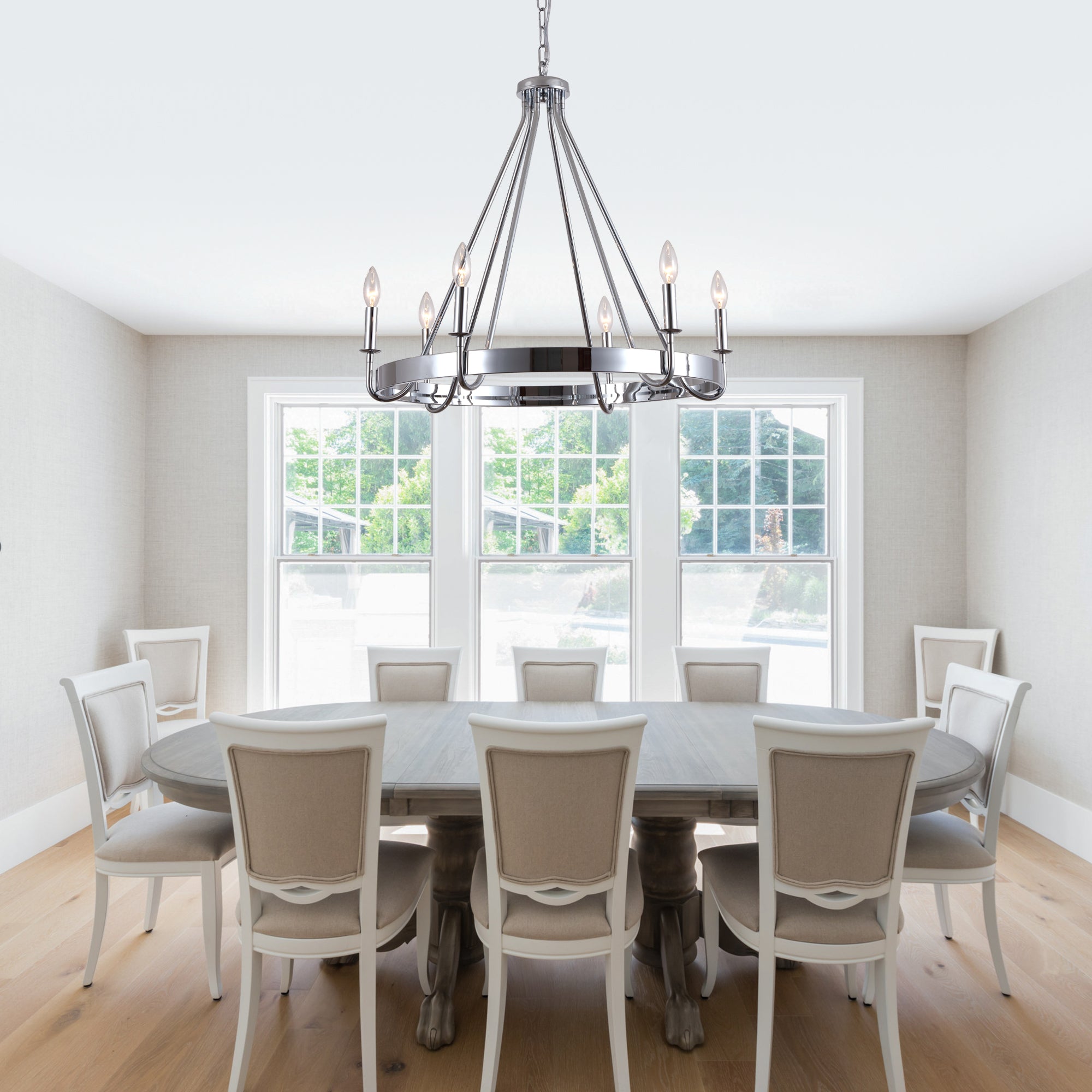 6 - Light Chrome Farmhouse Wagon Wheel Chandelier,  28 Inch Industrial Rustic Vintage Round Kitchen Island Pendant Light for Dining Room