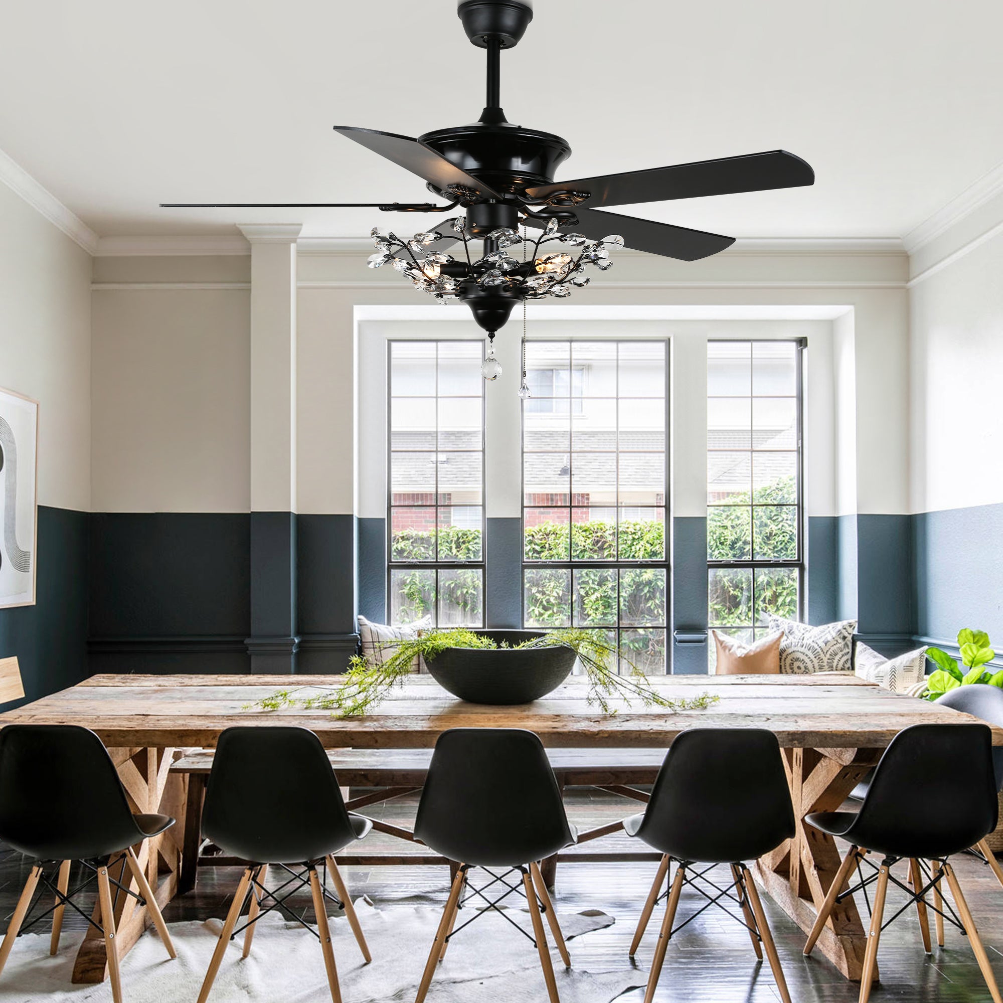 BD2014-BellaDepot 52" Black/Chrome Luxury Crystal Reversible Ceiling Fan with Remote and 3 Lights