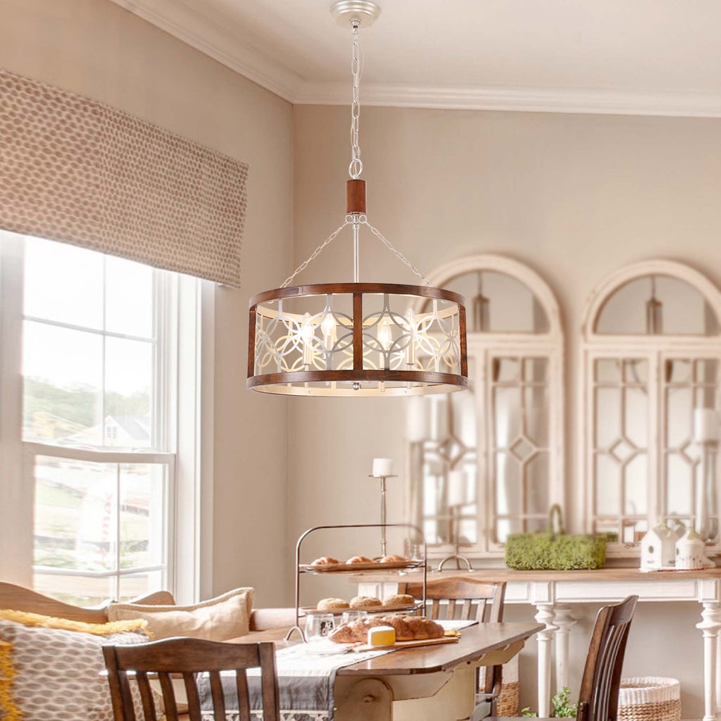 4-Light Solid Wood Farmhouse Drum Chandelier, Rustic Caged Pendant Light, 19.7" Dining Room Chandelier, Kitchen Island Ceiling Lighting