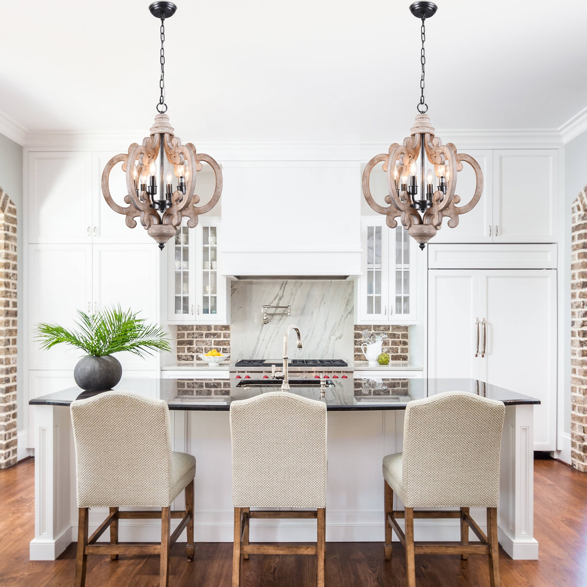 6-Light Distressed Wood French Country Vintage Geometric Chandelier with Adjustable Chain, Farmhouse Solid Wooden Chandelier