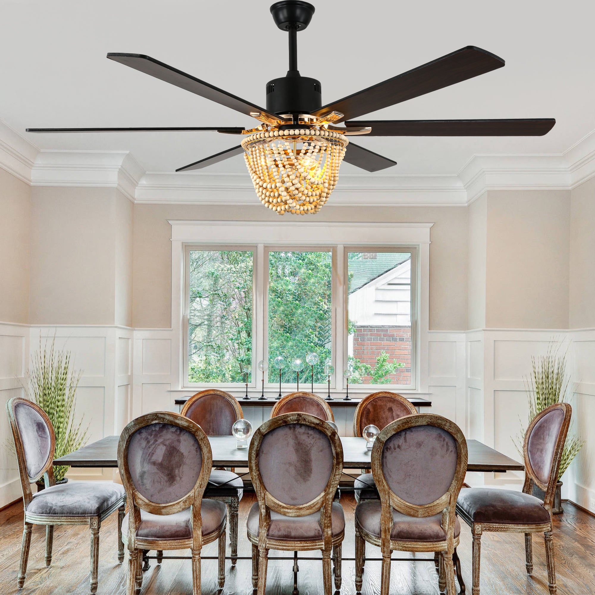 DC6508-BellaDepot 65" Wood Bead Cottage Large Size Ceiling Fan with Remote Control, Silent Motor 6 Speeds Straight Leaf Fan with 3 Lights