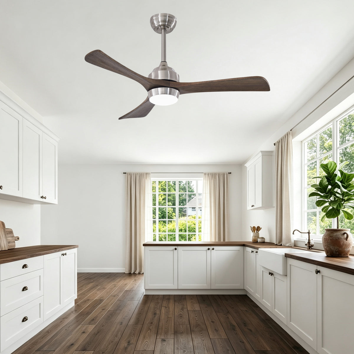 42 Inch Industrial Farmhouse Solid Wood 3 Blade Ceiling Fan with Lights & Remote Control, 6 Speed DC Motor Reversible Ceiling Fan