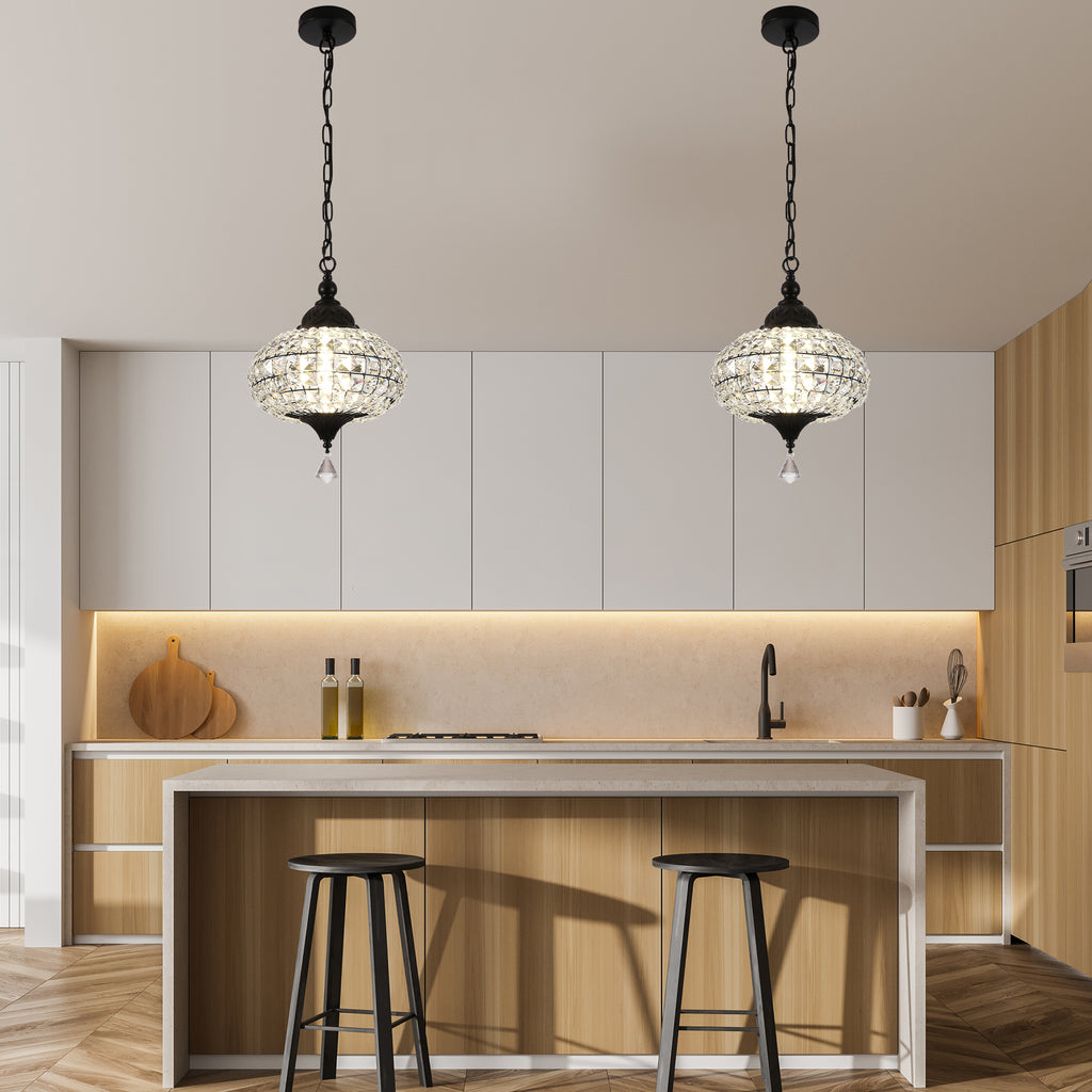 1 - Light Black/Chrome Globe Crystal Pendant Light with LED, 11.2" Dining Room Light Fixtures Kitchen Island Light