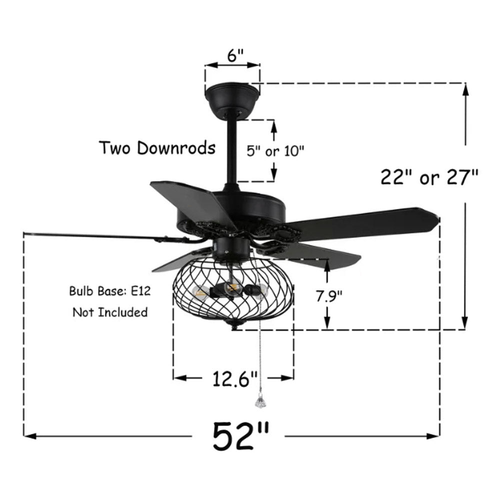 BD2028-42"/48"/52" Large Industrial Caged Reversible Ceiling Fan, with Remote and 3 Lights, 5 Wooden Blades