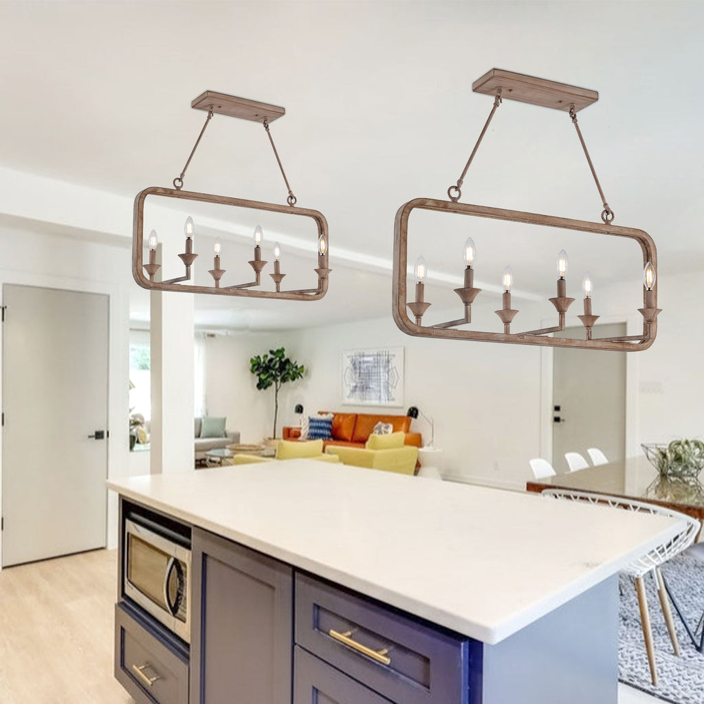 6 - Lights Rustic Distressed Wood Chandelier, Vintage Farmhouse Chandeliers for Dining Room Kitchen Island Lighting