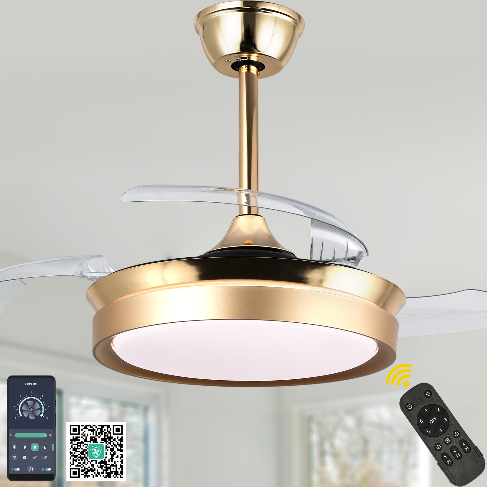 36 Inch Black/Gold/White Modern Smart Retractable Ceiling Fan with LED Light and Remote, 6 Speeds DC Motor Bladeless Ceiling Fan