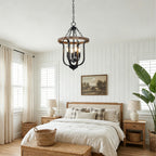 4 - Light Farmhouse Solid Wood Chandelier, 14" Geometric Rustic Hanging Chandelier with Adjustable Chain, Foyer Wood Light Fixture