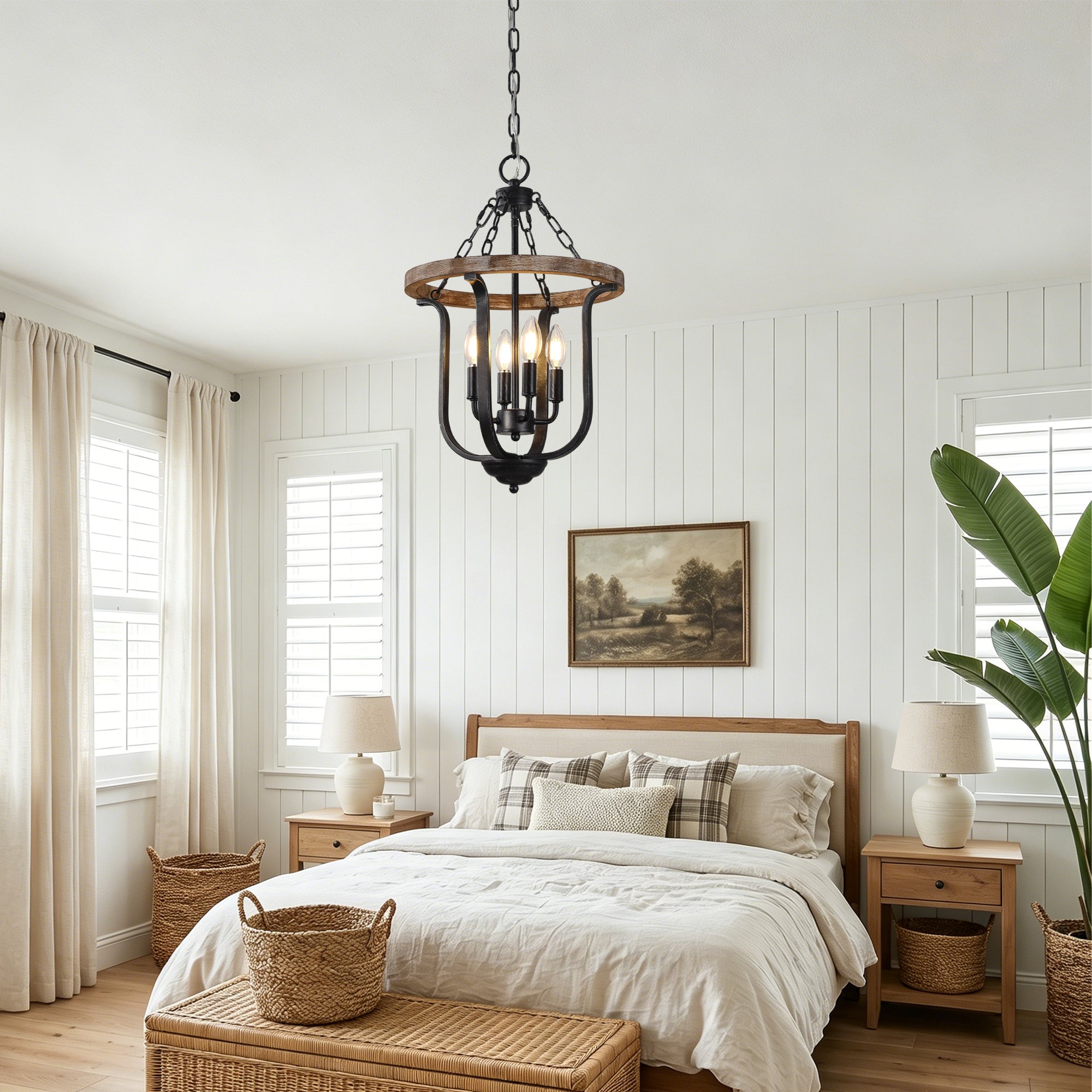 4 - Light Farmhouse Solid Wood Chandelier, 14" Geometric Rustic Hanging Chandelier with Adjustable Chain, Foyer Wood Light Fixture