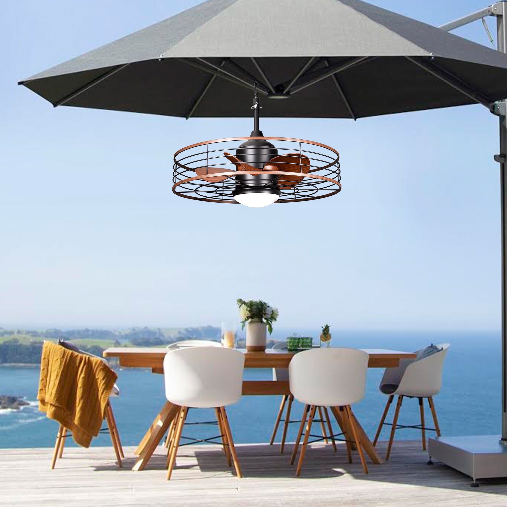 23.6 Inch Black Outdoor Dimmable Ceiling Fan with LED Light and Remote, Farmhouse Reversible 6 Speeds Quiet DC Motor Caged Ceiling Fan for Patio