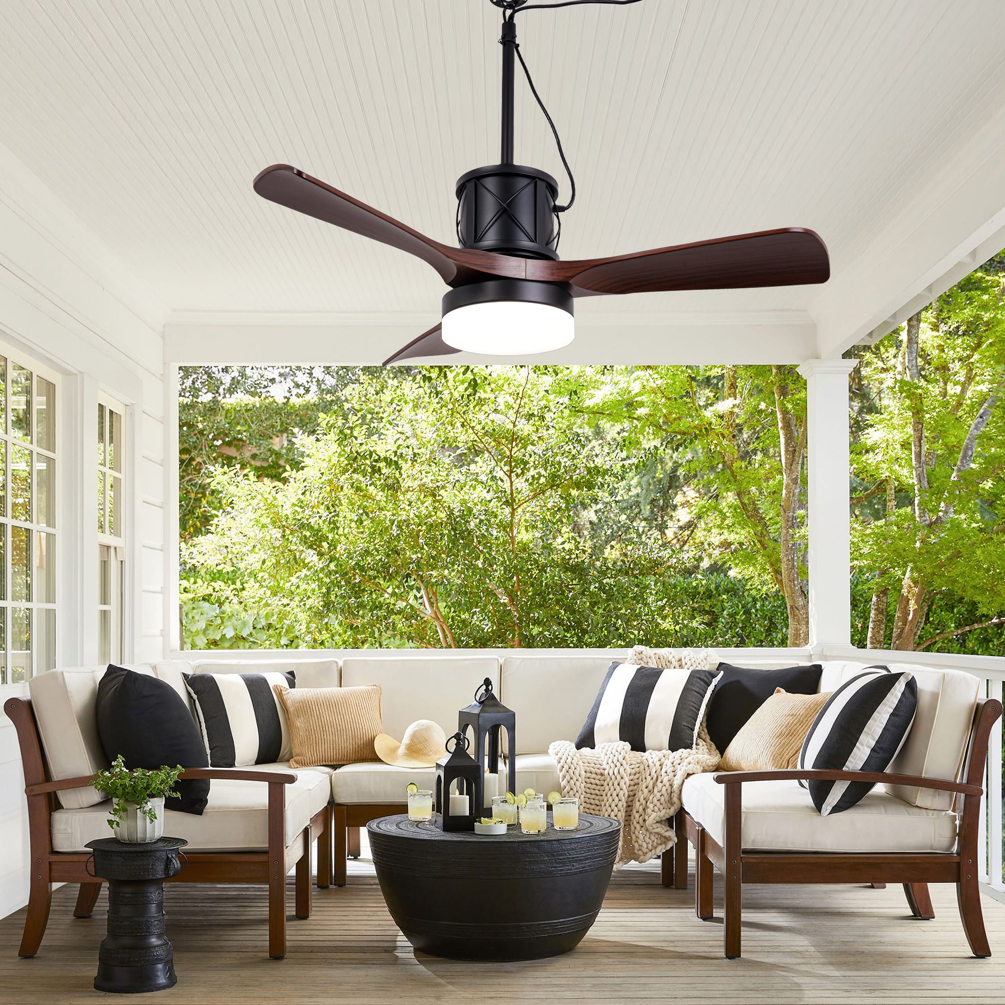 42 Inch Modern Farmhouse Smart Outdoor Ceiling Fan with Dimmable LED and Remote, 6 Speeds Waterproof Ceiling Fans Plug In Outside Patio Fan