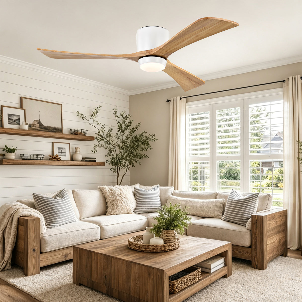 52 Inch Farmhouse Matte White Natural Wood Flush Mount Ceiling Fan with Lights & Remote Control, 6 Speed DC Motor Reversible Ceiling Fan